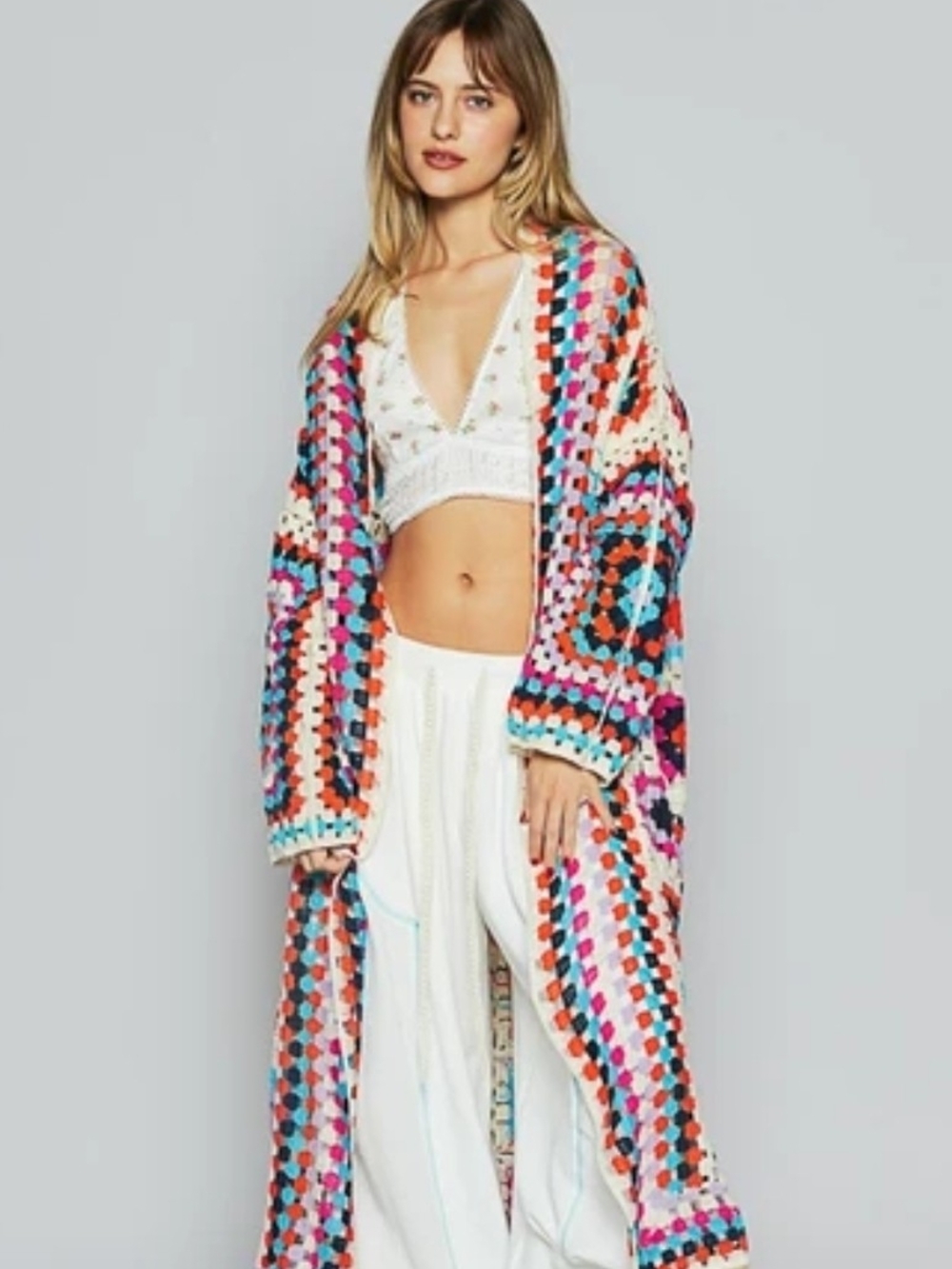 POL Multicolor Crochet Open-Front Cardigan